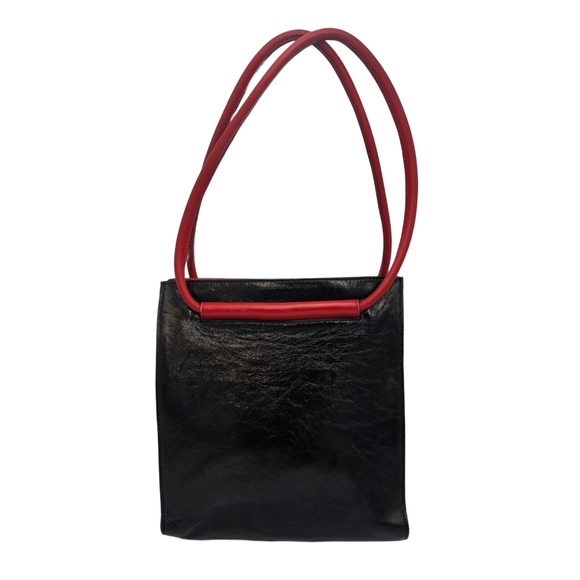 Amankai Handbags - Vintage Amankai Black Leather Tote Red Handles Excellent Cond Attached Pouch